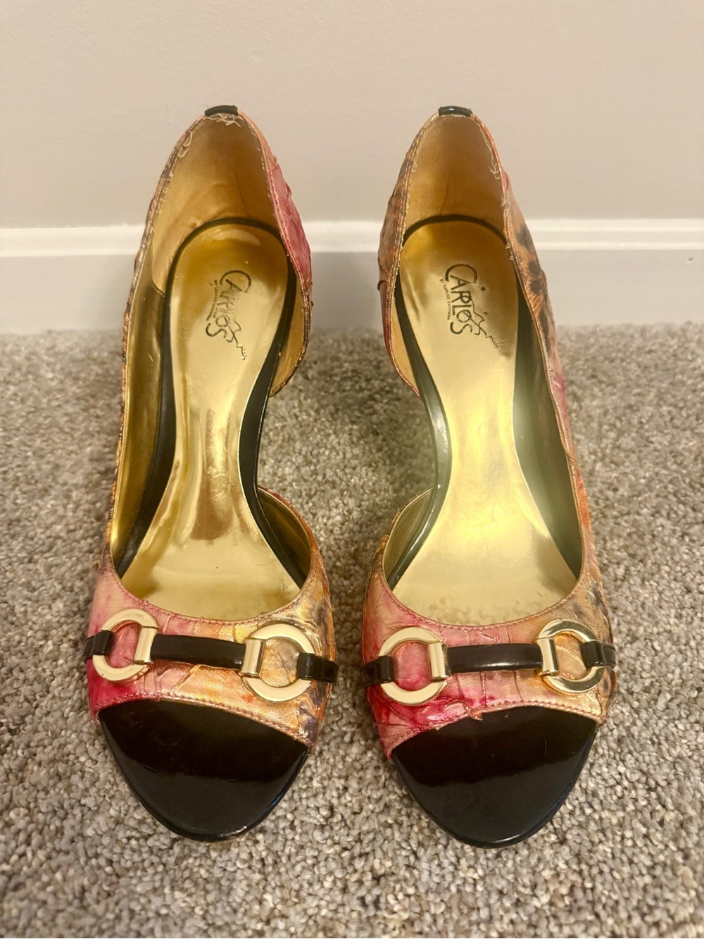 Carlos by Carlos Santana Multicolor Shimmer Print Peep-Toe Heels +Gold Hardware